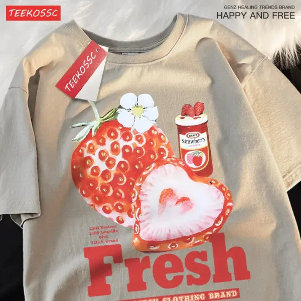 Fresh Strawberry Graphic T-Shirt – American Retro Short Sleeve Tee for Men & Women Loose Trendy Fit - Khaki / XL