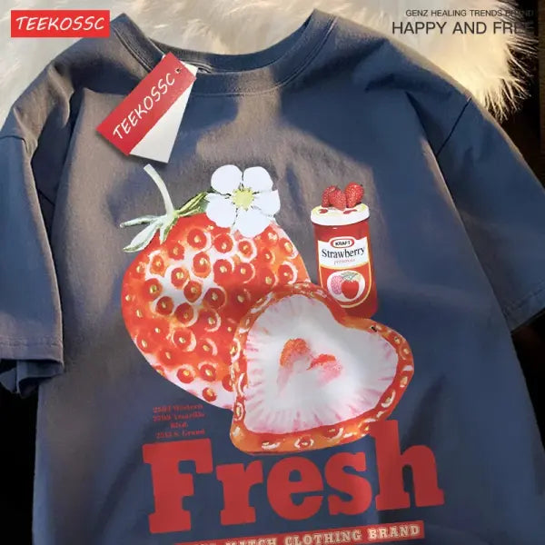 Fresh Strawberry Graphic T-Shirt – American Retro Short Sleeve Tee for Men & Women Loose Trendy Fit - Dark Blue / M