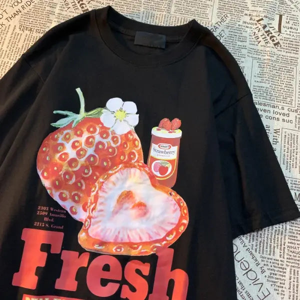 Fresh Strawberry Graphic T-Shirt – American Retro Short Sleeve Tee for Men & Women Loose Trendy Fit - black / S