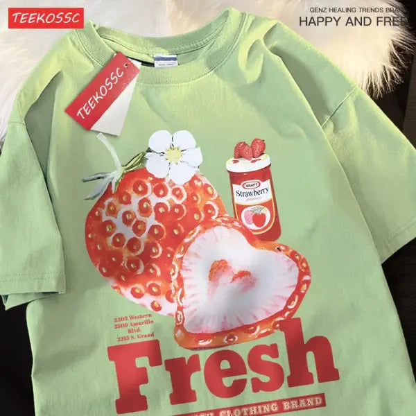 Fresh Strawberry Graphic T-Shirt – American Retro Short Sleeve Tee for Men & Women Loose Trendy Fit - Light Green / XL