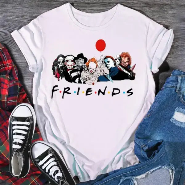 Friends-Style Stephen King Horror Characters T-Shirt for Women – Cartoon Print Oversized Halloween Fashion Tee