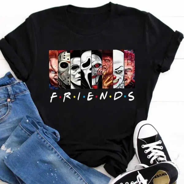 Stephen King Horror Characters Cartoon T-Shirt for Women – Friends Style Print Oversized Halloween Fashion Tee