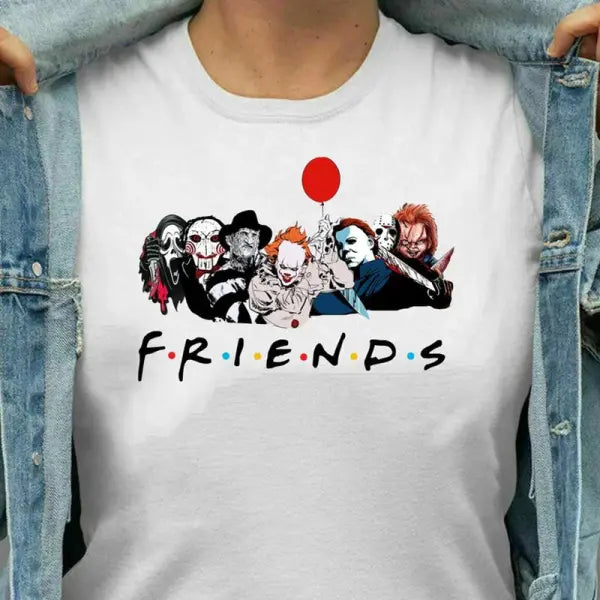Friends-Style Stephen King Horror Characters T-Shirt for Women – Cartoon Print Oversized Halloween Fashion Tee