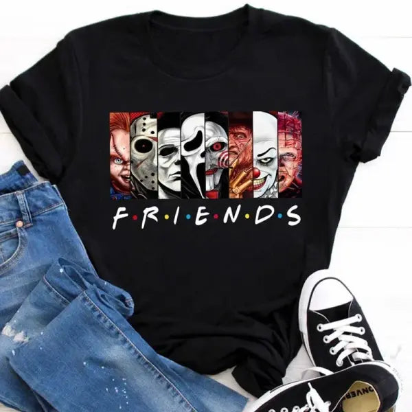 Stephen King Horror Characters Cartoon T-Shirt for Women – Friends Style Print Oversized Halloween Fashion Tee