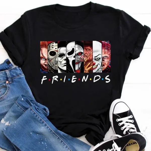 Friends-Style Stephen King Horror Characters T-Shirt for Women – Cartoon Print Oversized Halloween Fashion Tee