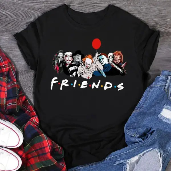 Friends-Style Stephen King Horror Characters T-Shirt for Women – Cartoon Print Oversized Halloween Fashion Tee