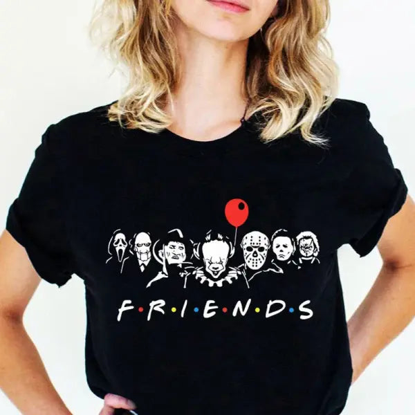 Friends-Style Stephen King Horror Characters T-Shirt for Women – Cartoon Print Oversized Halloween Fashion Tee