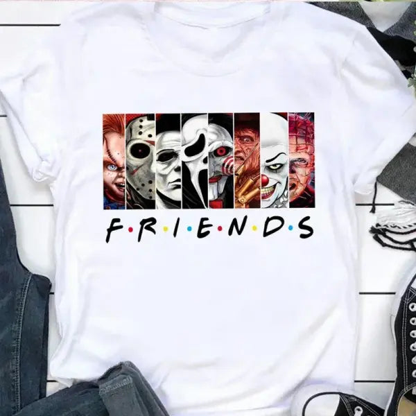 Stephen King Horror Characters Cartoon T-Shirt for Women – Friends Style Print Oversized Halloween Fashion Tee