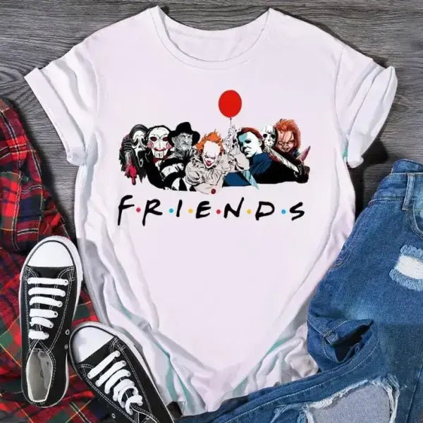 Stephen King Horror Characters Cartoon T-Shirt for Women – Friends Style Print Oversized Halloween Fashion Tee