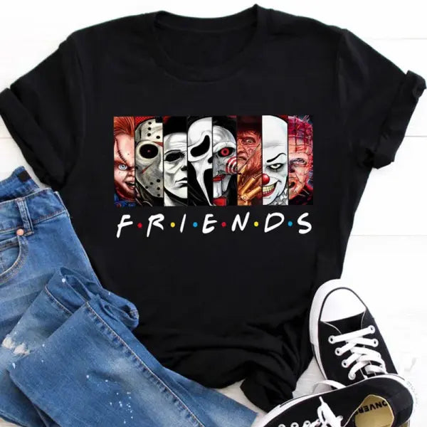 Friends-Style Stephen King Horror Characters T-Shirt for Women – Cartoon Print Oversized Halloween Fashion Tee