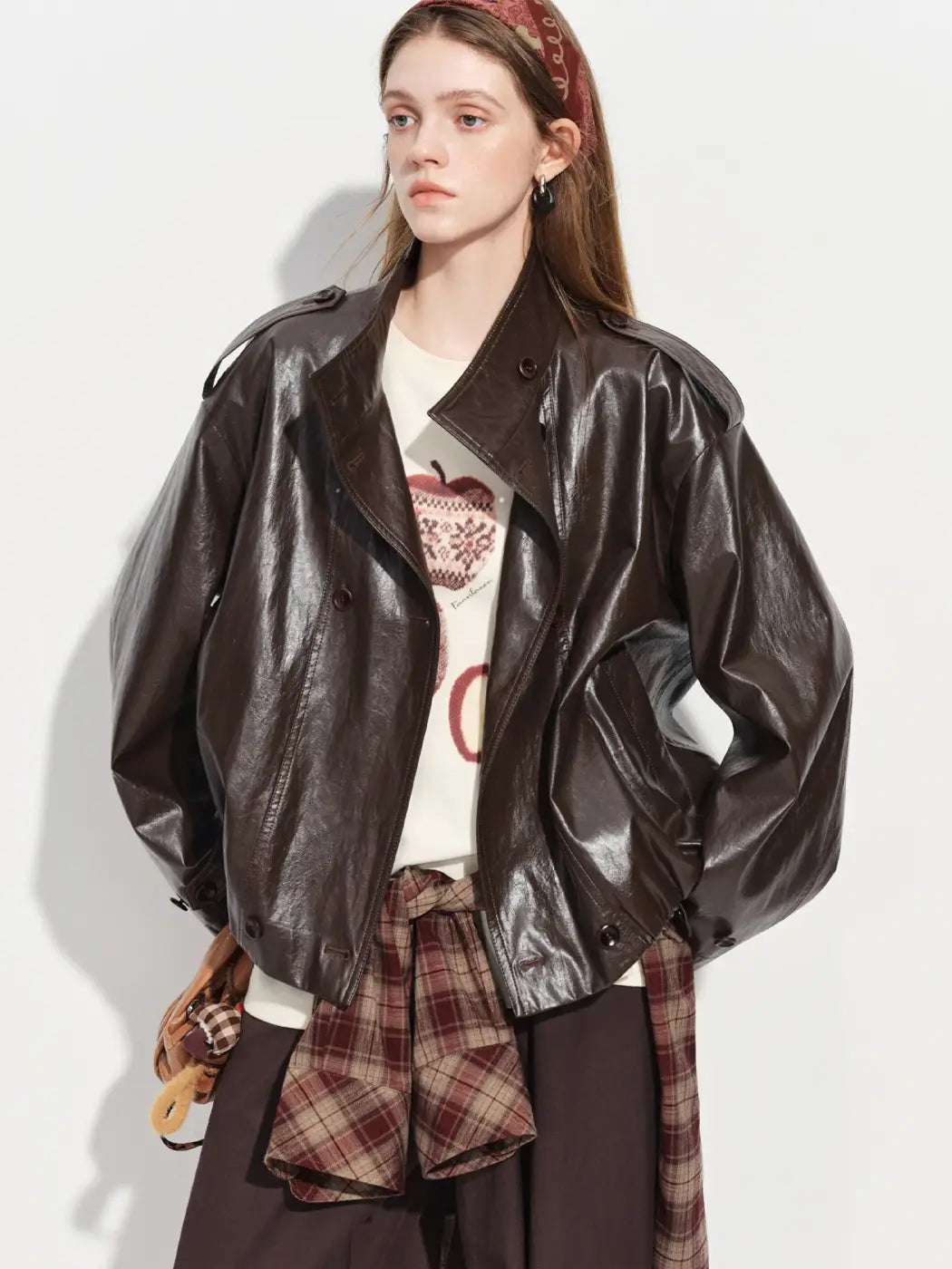 Brown faux leather trench coat oversized Y2K retro jacket - Brown / XL