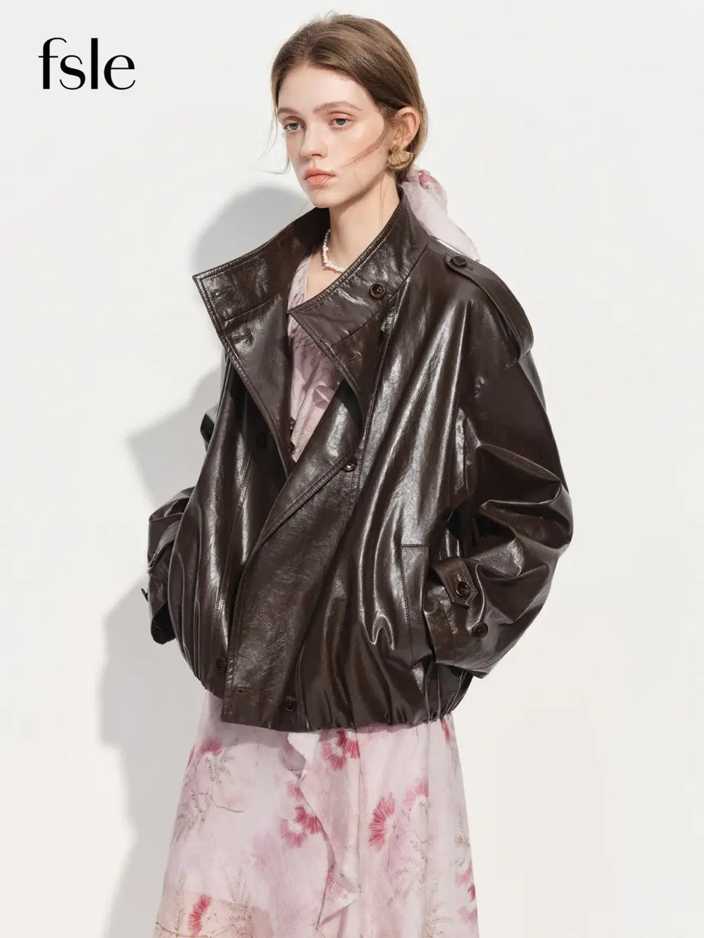 Brown faux leather trench coat oversized Y2K retro jacket