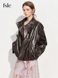 Brown faux leather trench coat oversized Y2K retro jacket