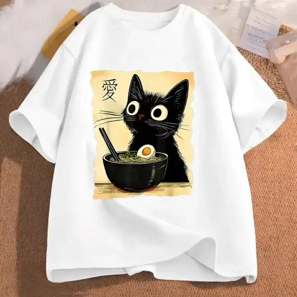 Funny Cat Ramen Graphic T-Shirt – Japanese Kawaii Anime Short Sleeve Tee Casual Unisex Top - X250102-white / S