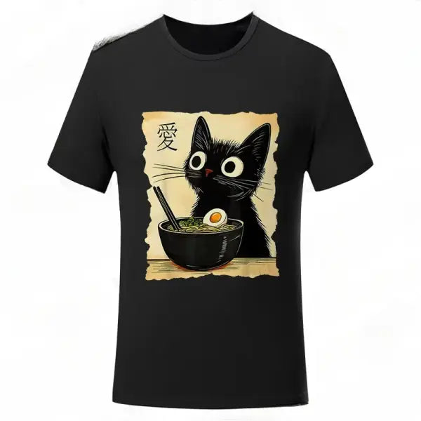Funny Cat Ramen Graphic T-Shirt – Japanese Kawaii Anime Short Sleeve Tee Casual Unisex Top
