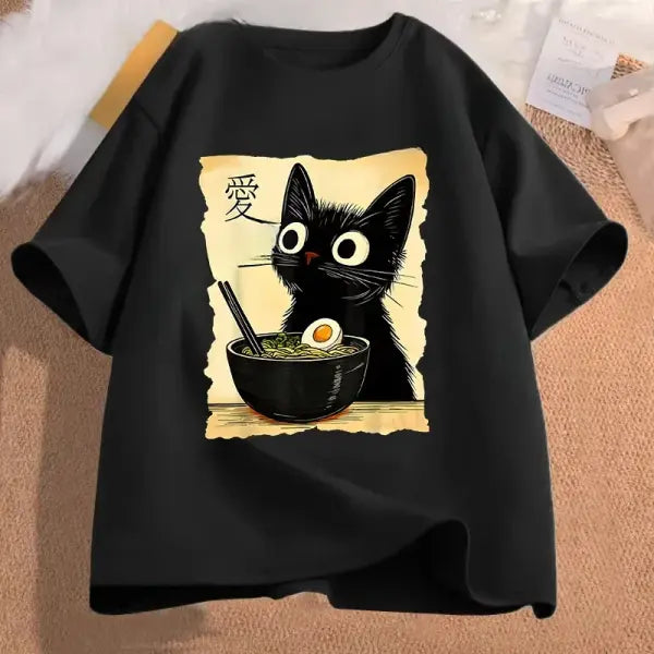 Funny Cat Ramen Graphic T-Shirt – Japanese Kawaii Anime Short Sleeve Tee Casual Unisex Top - X250102-black / M