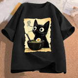 Funny Cat Ramen Graphic T-Shirt – Japanese Kawaii Anime Short Sleeve Tee Casual Unisex Top - X250102-black / M
