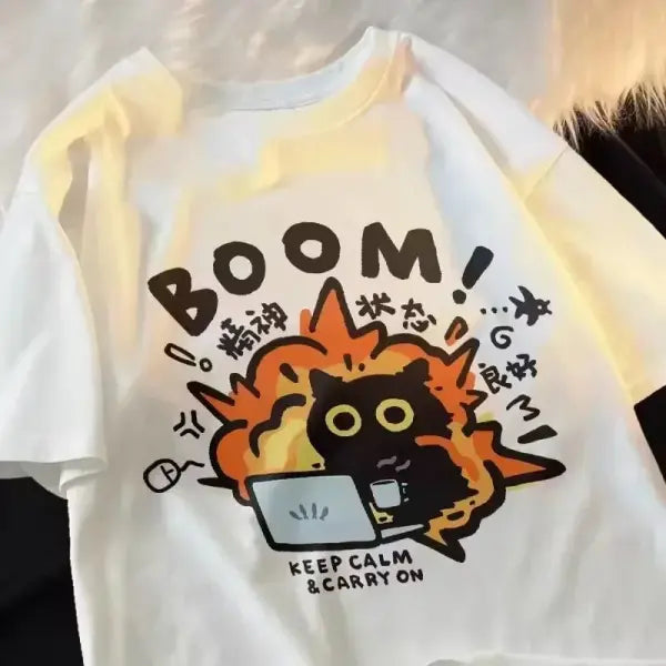Funny Cat Graphic T-Shirt for Women – Casual Short Sleeve Streetwear Cute Couples Tee - 61823 / XS