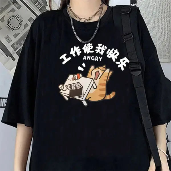 Funny Cat Graphic T-Shirt for Women – Casual Short Sleeve Streetwear Cute Couples Tee - Black92438 / XS