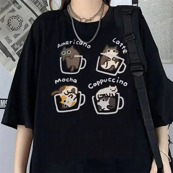 Funny Cat Graphic T-Shirt for Women – Casual Short Sleeve Streetwear Cute Couples Tee - Black92448 / XS