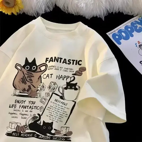 Funny Cat Graphic T-Shirt for Women – Casual Short Sleeve Streetwear Cute Couples Tee - 61822 / XS