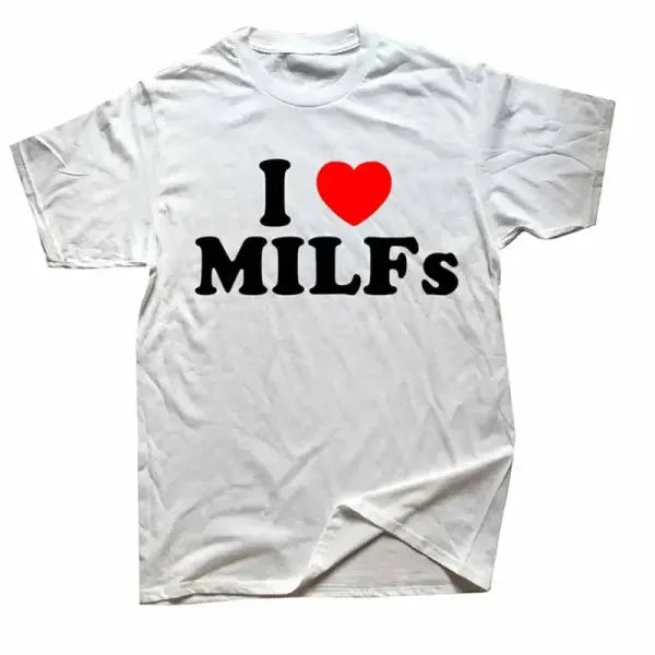 I Love MILFs’ Funny Graphic T-Shirt - Retro I Heart Streetwear Tee & Gag Gift for Men - WHITE / M