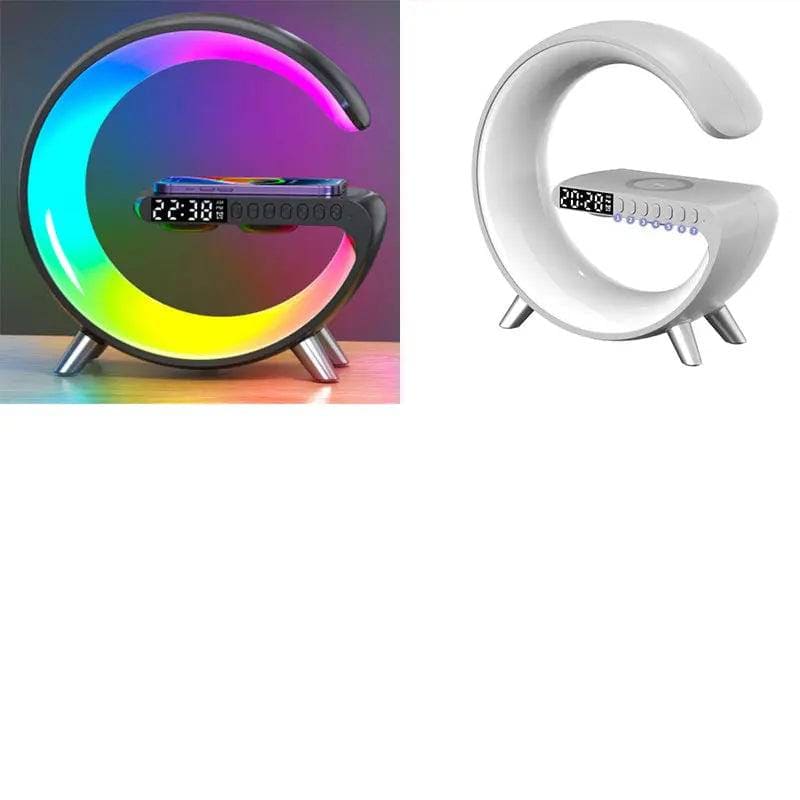 G-Shaped LED Lamp: Bluetooth Speaker & Wireless Charger - Black and White