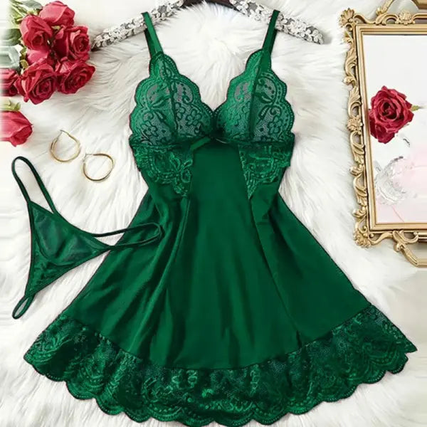 Women’s Sexy Sheer Lace Lingerie Set - See-Through Nightgown and G-String Chemise Sleepwear - green / M