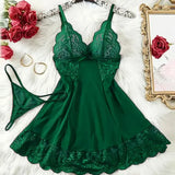 G-string Nightgown Set For Sexy Woman Summer Night Dress Ultra-thin See-through Pajama Sets Lace Sleepwear Suspender