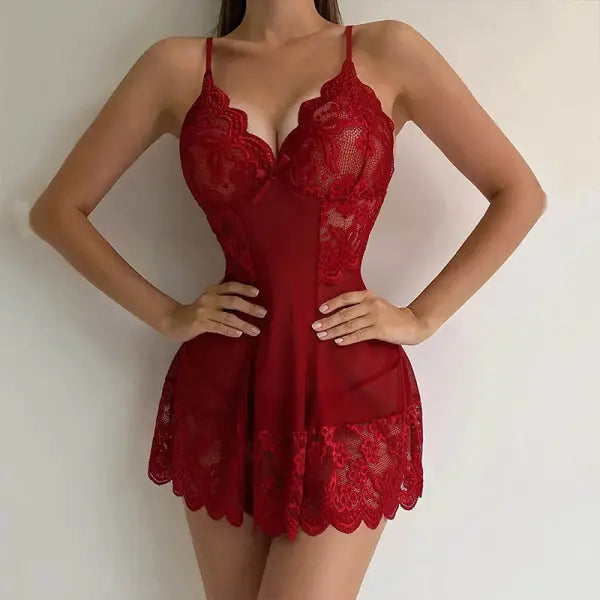 G-string Nightgown Set For Sexy Woman Summer Night Dress Ultra-thin See-through Pajama Sets Lace Sleepwear Suspender