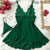 G-string Nightgown Set For Sexy Woman Summer Night Dress Ultra-thin See-through Pajama Sets Lace Sleepwear Suspender