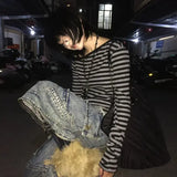Women’s Y2K Striped Off-Shoulder Crop Top - Grunge Aesthetic Long Sleeve Streetwear Tee