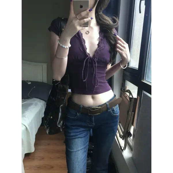 Genayooa Y2k Japanese Lace T-shirt Women Short Sleeve Deep V Neck Crop Tops Lace Up Vintage Fairycore Tee Tops