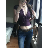 Genayooa Y2k Japanese Lace T-shirt Women Short Sleeve Deep V Neck Crop Tops Lace Up Vintage Fairycore Tee Tops