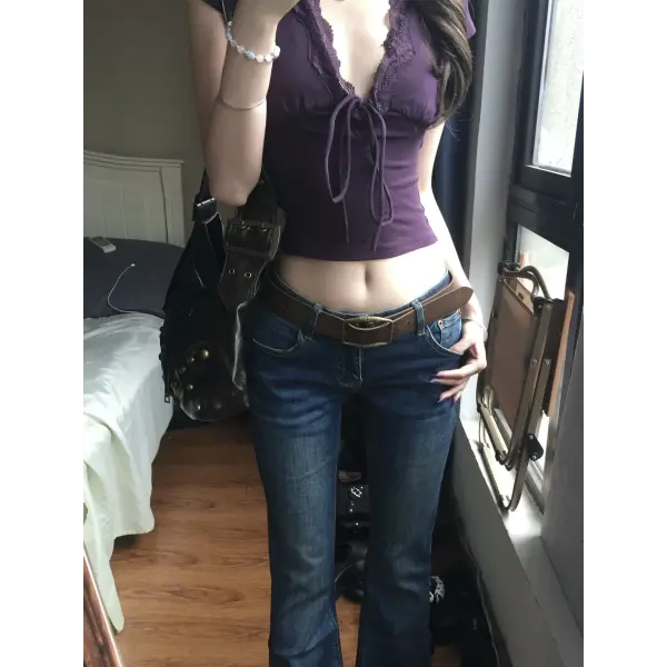 Genayooa Y2k Japanese Lace T-shirt Women Short Sleeve Deep V Neck Crop Tops Lace Up Vintage Fairycore Tee Tops