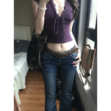 Genayooa Y2k Japanese Lace T-shirt Women Short Sleeve Deep V Neck Crop Tops Lace Up Vintage Fairycore Tee Tops