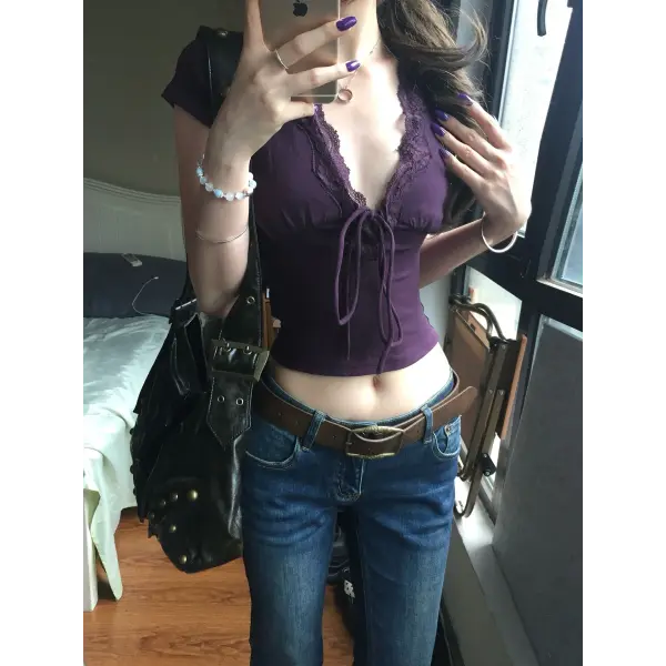 Genayooa Y2k Japanese Lace T-shirt Women Short Sleeve Deep V Neck Crop Tops Lace Up Vintage Fairycore Tee Tops