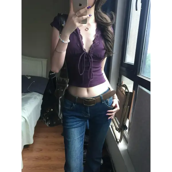 Genayooa Y2k Japanese Lace T-shirt Women Short Sleeve Deep V Neck Crop Tops Lace Up Vintage Fairycore Tee Tops