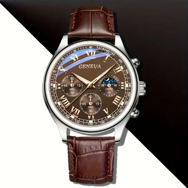 GENEVA High Quality Men’s Luxury Belt Fashion Quartz Watch Men Round Business Student Sport Waterproof Glow Clock - 2pc