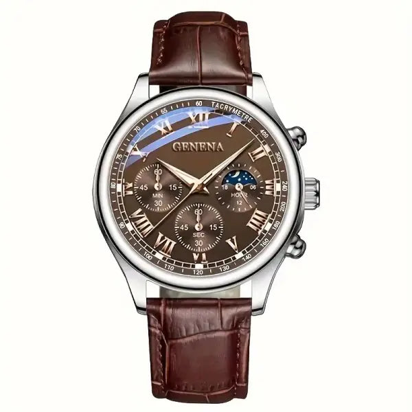 GENEVA High Quality Men’s Luxury Belt Fashion Quartz Watch Men Round Business Student Sport Waterproof Glow Clock - 3pc