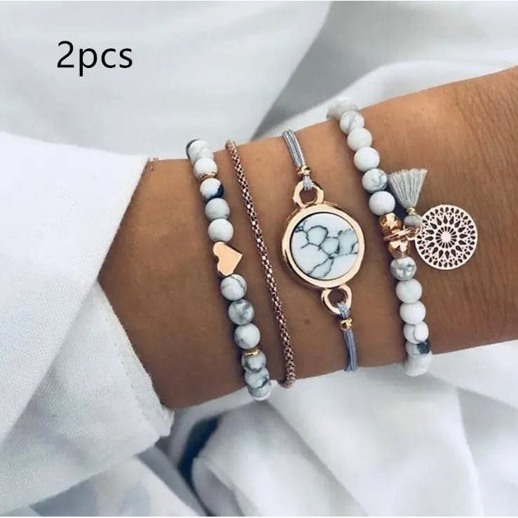 Geometric Bracelet: Bohemian Four-Piece Handmade Jewelry Set - White 2pcs