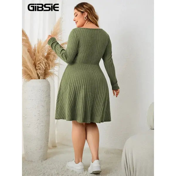 Gibsie plus size long sleeve ribbed A-line dress army green vintage style