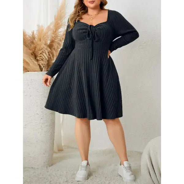Gibsie plus size long sleeve ribbed A-line dress army green vintage style - Dark Grey / XXXL