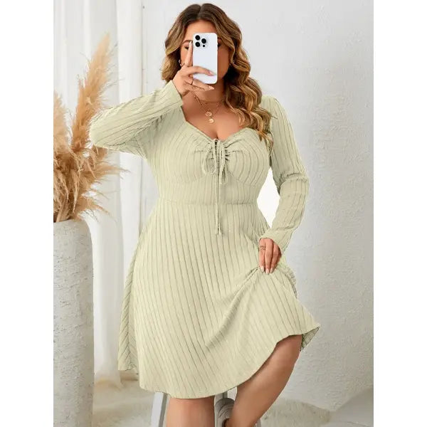 Gibsie plus size long sleeve ribbed A-line dress army green vintage style - Apricot / XXXL