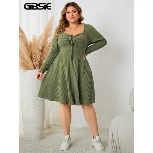 Gibsie plus size long sleeve ribbed A-line dress army green vintage style