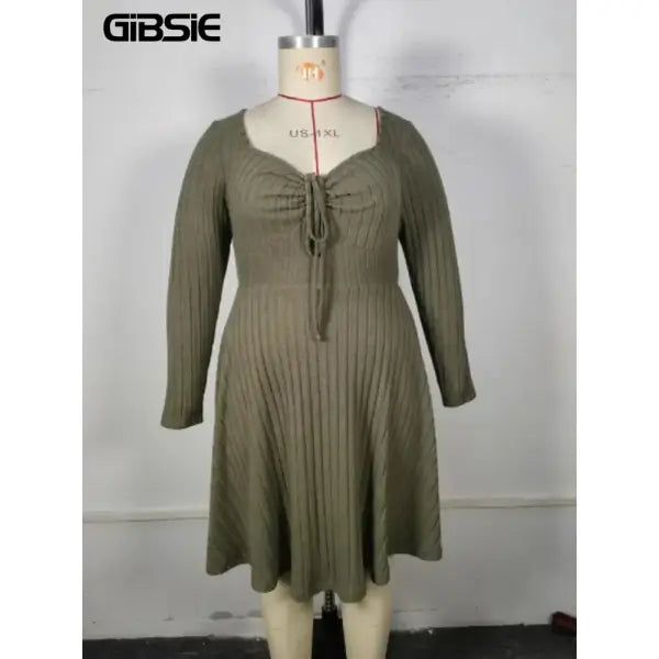 Gibsie plus size long sleeve ribbed A-line dress army green vintage style