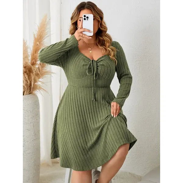 Gibsie plus size long sleeve ribbed A-line dress army green vintage style - army green / XXXL