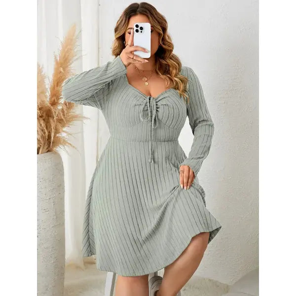 Gibsie plus size long sleeve ribbed A-line dress army green vintage style - GRAY / XXXL