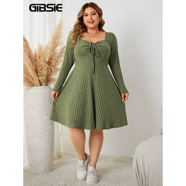 Gibsie plus size long sleeve ribbed A-line dress army green vintage style