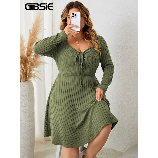 Gibsie plus size long sleeve ribbed A-line dress army green vintage style